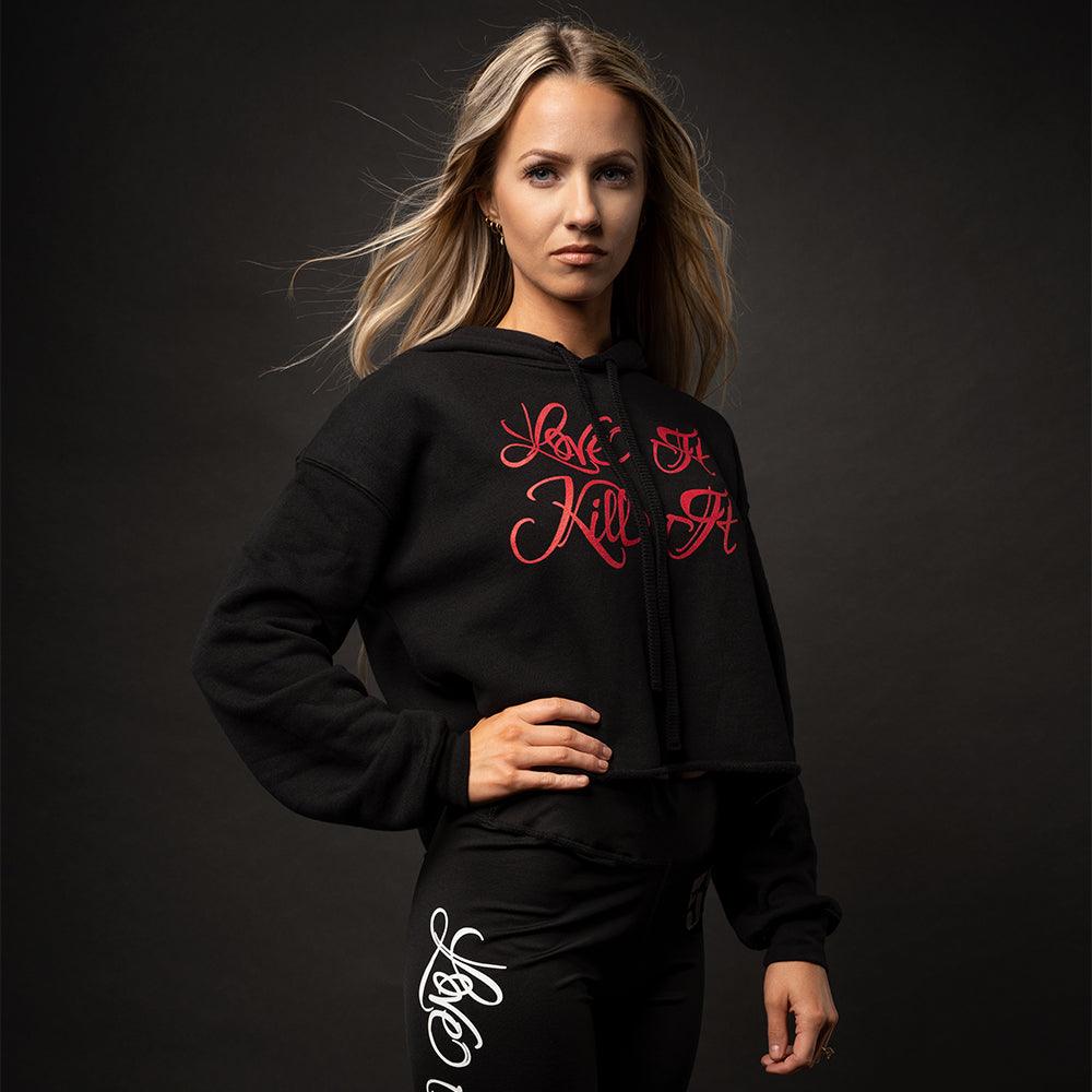 Love It Kill It, Women's Cropped Black Hoodie with Red Lettering