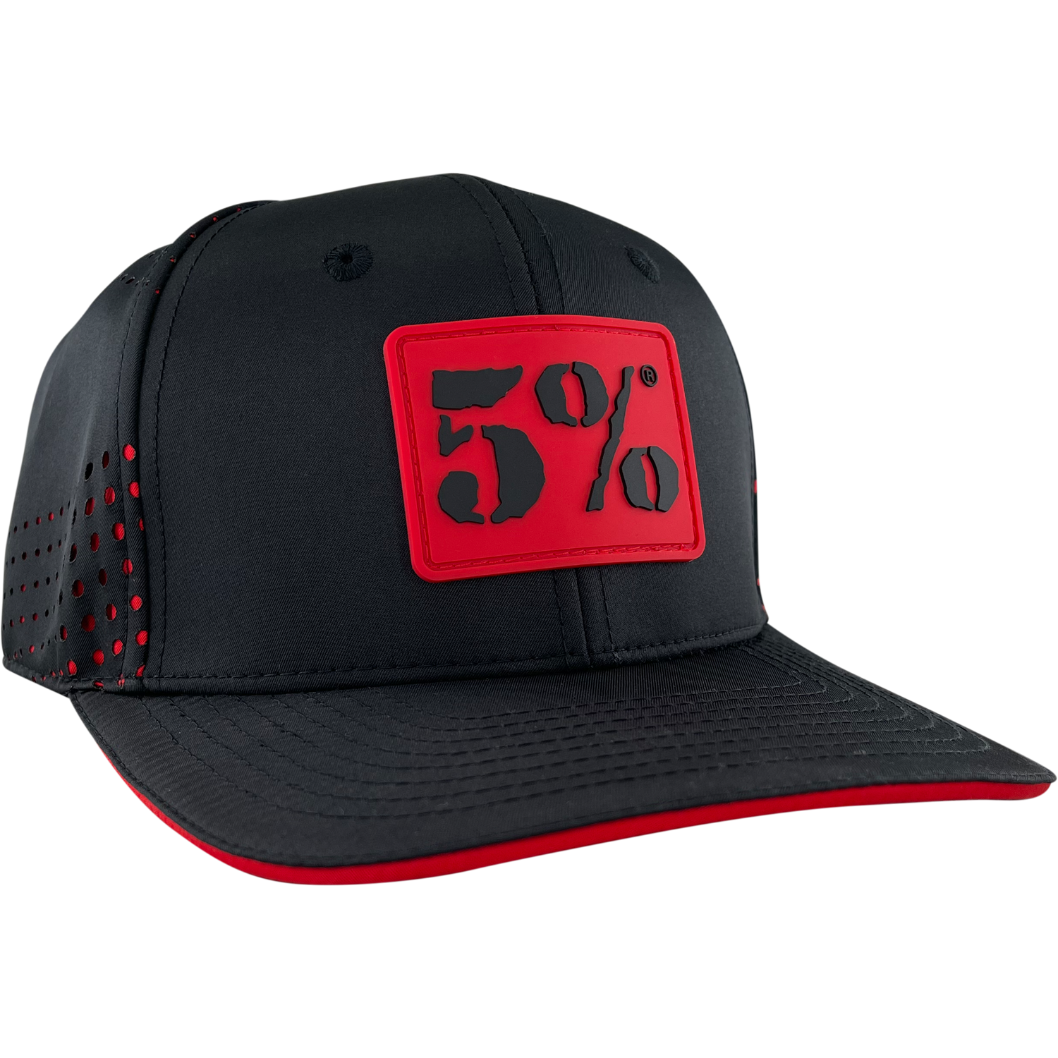 5% Rubber Patch, Black Hat with Red Lettering