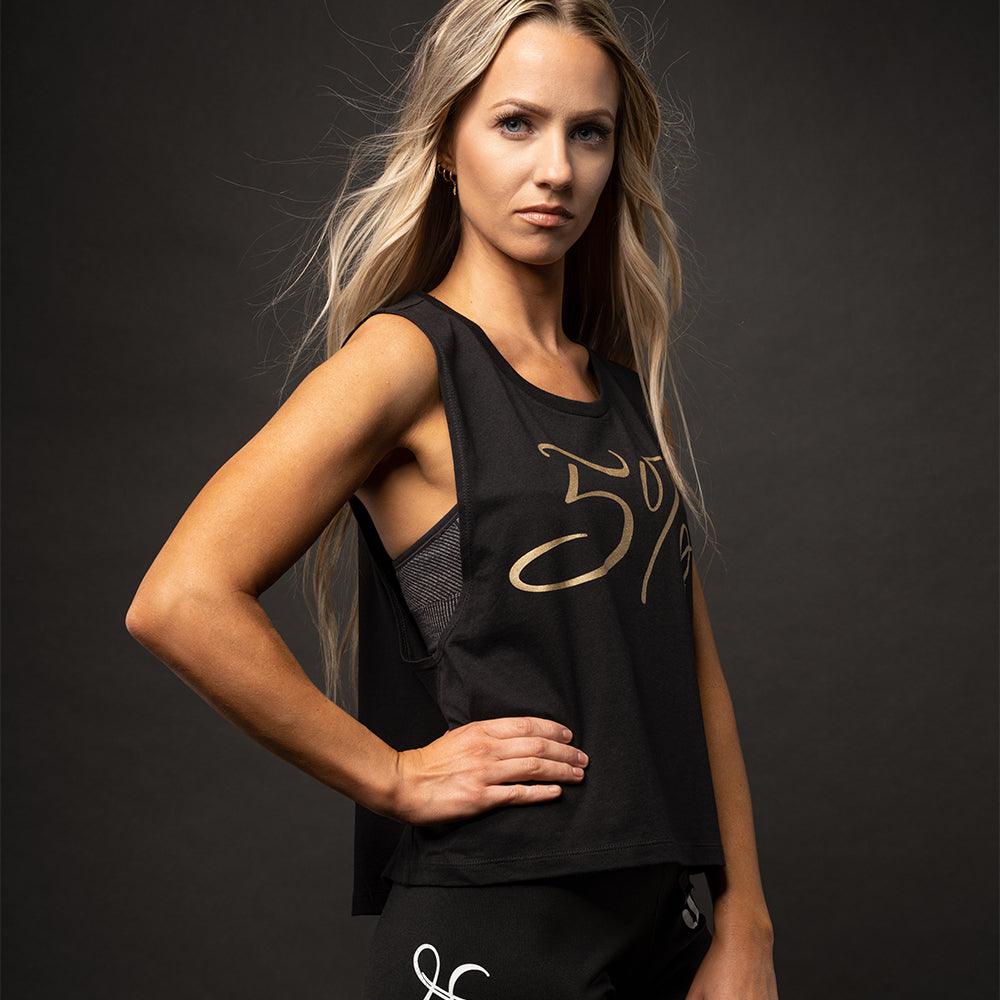5%, Women's Cropped Black Tank with Gold Lettering - 5% Nutrition